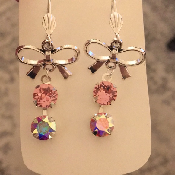 Rose + Aurora Borealis Crystal Bow Earrings - Picture 1 of 10